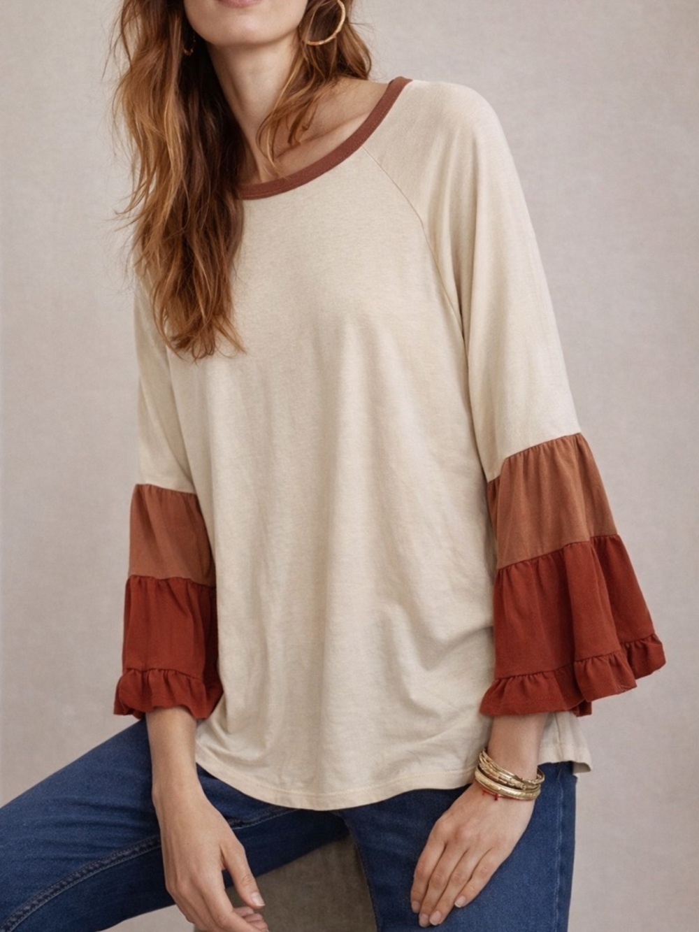 Easel Tunic Top Womens Large Oversized Flowy Cotton Earthy Boho Chic Bell Sleeve